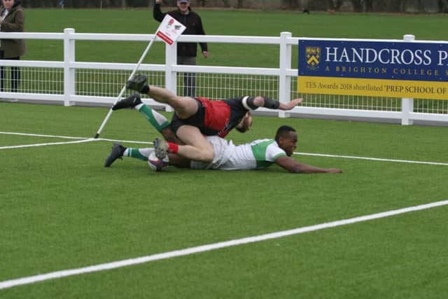 Declan Nwachukwu try for Horsham RUFC. Photo by Clive Turner