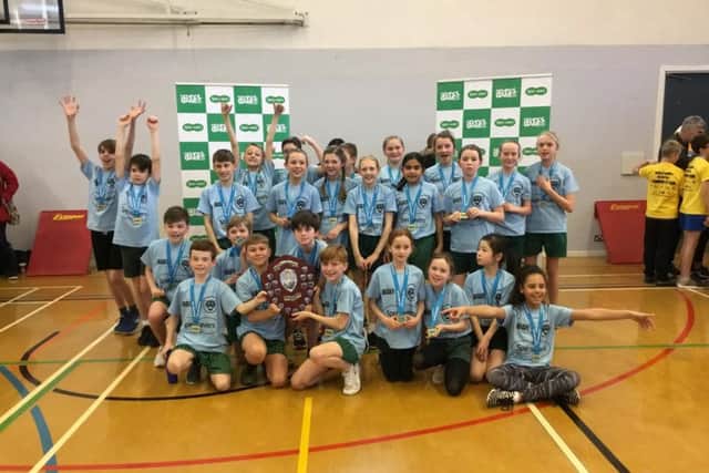 Harlands Primary School, representing Mid Sussex Panthers, celebrate success at the Specsavers Sussex School Games Sportshall Athletics Final.