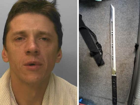 Julijs Andrianovs was found slumped in his car and officers discovered a sword (pictured) in the boot. Pictures: Sussex Police
