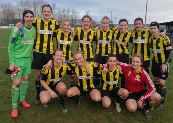 Crawley Wasps players celebrate the third-round win at Coventry United. SUS-190701-181340002