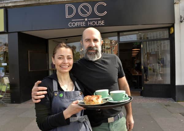 Noray and Elif outside their new cafe in Grove Road in Eastbourne (Photo by Jon Rigby)