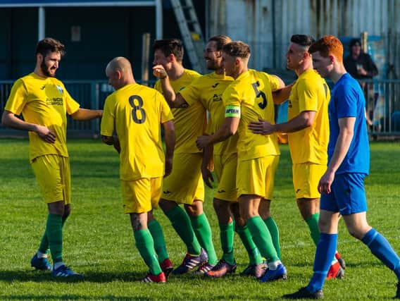 On their way... Chi City celebrate a goal at Shoreham / Picture by Daniel Harker