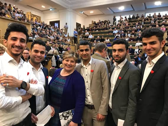 The Hummingbird Young Leaders: Nisar Gul, Naqeeb Saide, Tariq Khan, Wasim Al Yousef and Mohamad Aljasem, with Labour MP Emily Thornberry