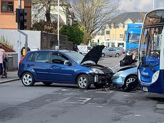 Teville Road in Worthing is currently blocked due to a two-car collision
