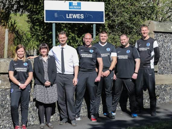 Albion in the Community and HM Prison Lewes: (left to right): Rebecca Collins (AITC further education manager), Hannah Lane (Governor HM Prison Lewes), Richard Silvester (head of reducing reoffending HM Prison Lewes), Scott Chapman (physical education instructor HM Prison Lewes), Nick Carter (physical education officer HM Prison Lewes), Dave Foot (physical education instructor HM Prison Lewes) and Mark Slide (Albion in the Community engagement officer).