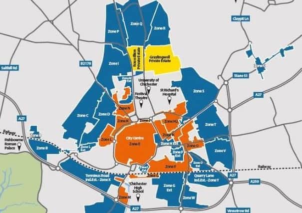 Orange is existing CPZs, yellow is private estates and blue is proposed new or amended CPZs