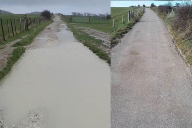 Before and after: a waterlogged section of Plumpton Plain has been transformed into a weather resistent path