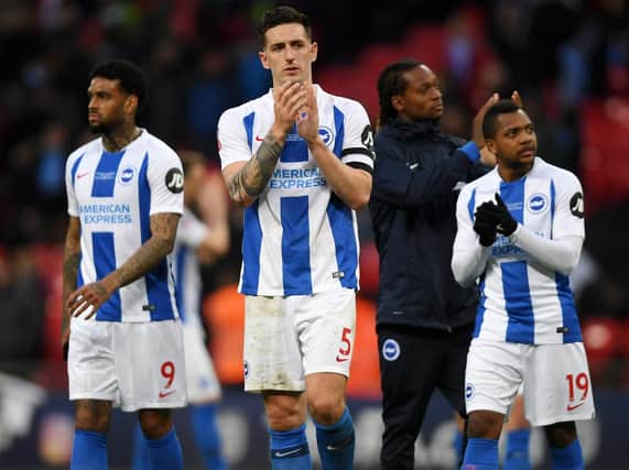 Lewis Dunk applauds the Albion fans at Wembley. Picture by Getty Images