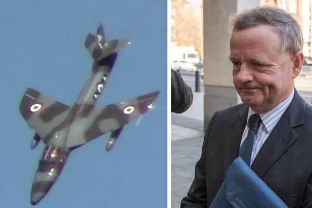 Pilot Andy Hill (right) was flying a Hawker Hunter jet (left) when it crashed, leading to the deaths of 11 people. Pictures: CPS/Getty Images