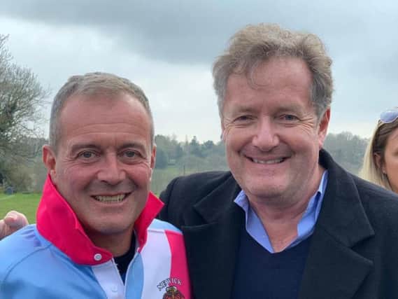 Chairman of Newick Rugby Football Club Wayne Thomas with school friend Piers Morgan at the charity match. Photograph: Chris Griffiths