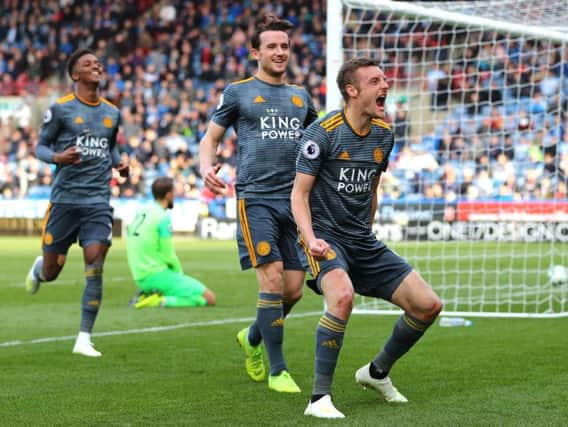 Jamie Vardy celebrates scoring at Huddersfield on Saturday. Picture by Getty Images