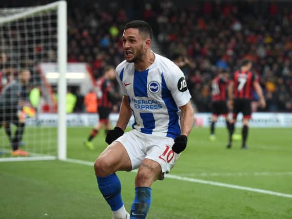 Florin Andone celebrates scoring in Brighton's FA Cup win at Bournemouth in January. Picture by PW Sporting Photography