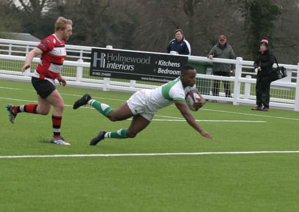 Man of the match Declan Nwachukwu try for Horsham RUFC. Photo by Clive Turner