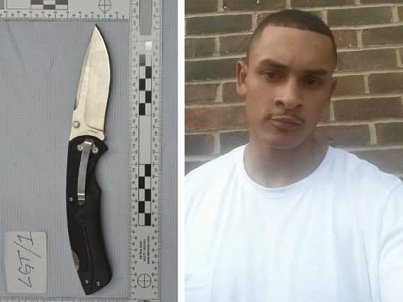 The prosecution say Arnold Potter (right) was stabbed to death with a knife similar to this police replica. Picture: Sussex Police