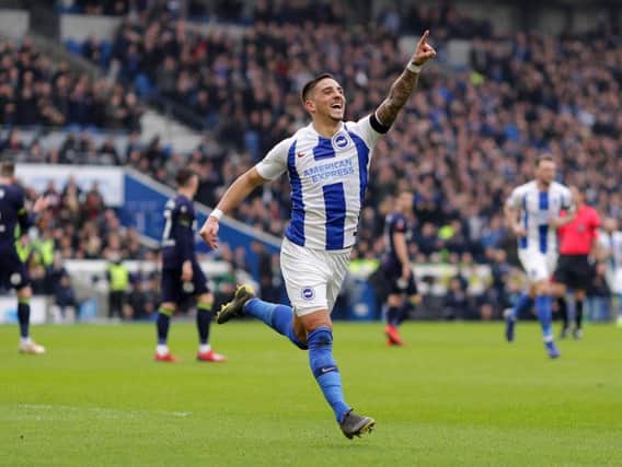 Brighton winger Anthony Knockaert celebrates a goal. Picture by Getty Images