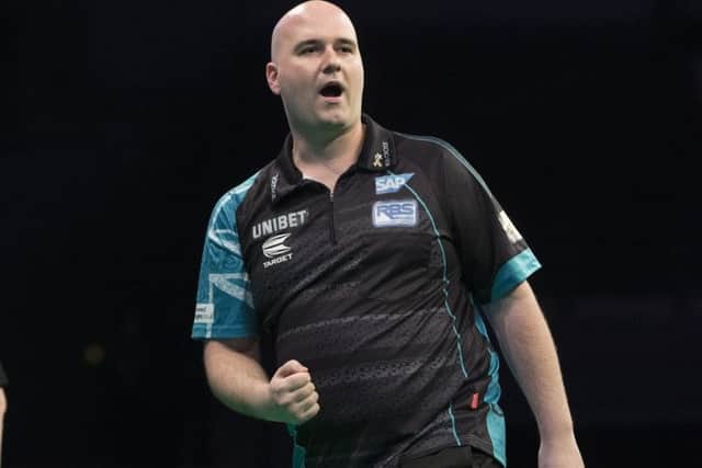 Rob Cross celebrates during his victory over Peter Wright. Picture courtesy Lawrence Lustig/PDC