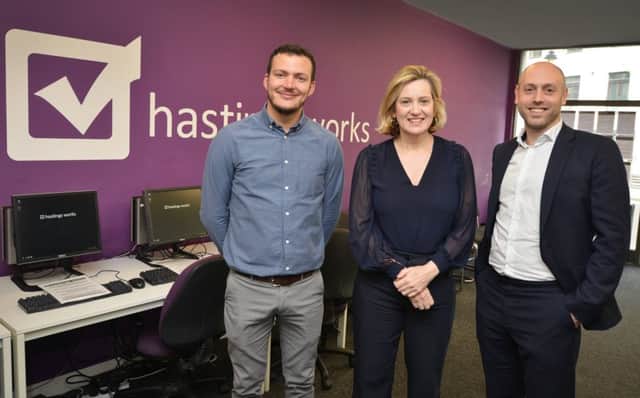 Amber Rudd MP (Secretary of State for Work and Pensions) visits The Work People in Robertson Street, Hastings.  L-R: David Hinton, Founder and Managing Director of The Work People, Hastings; Amber Rudd MP; Sam Scharf, Director of Community Investment at Orbit SUS-190804-114329001