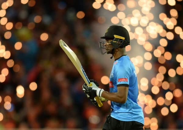 BIRMINGHAM, ENGLAND - SEPTEMBER 15: Delray Rawlins of Sussex leaves the field after being dismissed during the Vitality T20 Blast Final between Sussex Sharks and Worcestershire Rapids at Edgbaston cricket ground on September 15, 2018 in Birmingham, England. (Photo by Philip Brown/Getty Images) SUS-190415-122545002
