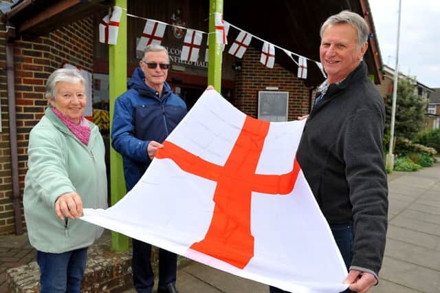 Carolyn Phillips, Nigel Stevens, and Steve Parnell of the Friends of St Barnabas who are getting ready to celebrate St George's Day in Henfield . Photo:  Steve Robards SR1909723 SUS-190413-212134001
