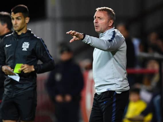Head coach Paul Simpson of England gives instrutions during the International Friendly match between Portugal U20 and England U20 at Stadium Municipal. (Photo by Octavio Passos - Getty Images)