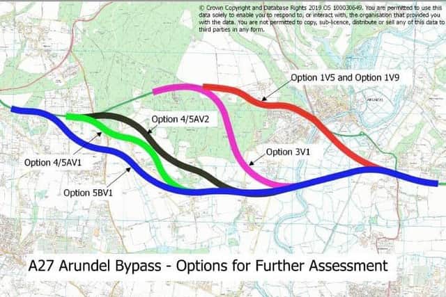 The leaked Highways England diagram shows the routes currently being studied for the Arundel Bypass