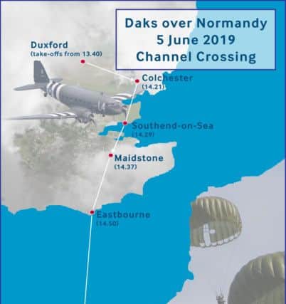A map of the aircrafts' route from Duxford to Normandy - including Eastbourne