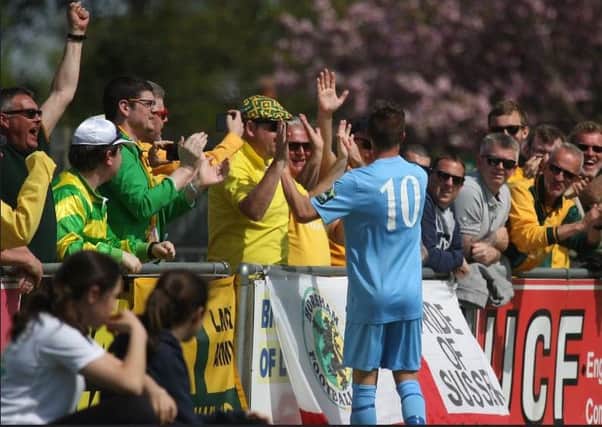 Guernsey v Horsham. Chris Smith celebrates with the fans. Picture by John Lines