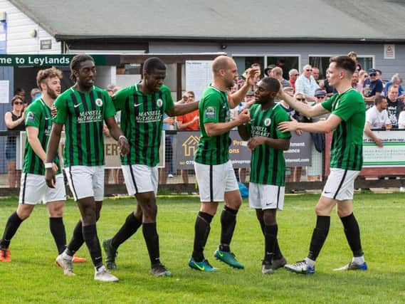 Burgess Hill Town celebrate Dan Beck's goal. Picture by Chris Neal.
