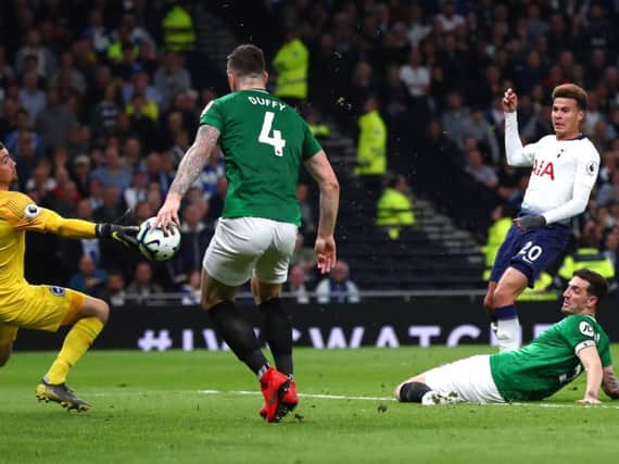 Dele Alli of Tottenham Hotspur shoots during the Premier League match between Tottenham Hotspur and Brighton & Hove Albion. (Photo by Clive Rose/Getty Images