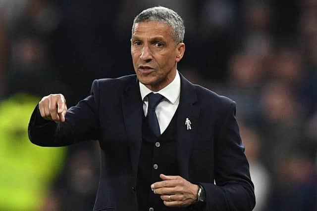 Chris Hughton gestures during the English Premier League football match between Tottenham Hotspur and Brighton and Hove Albion at the Tottenham Hotspur Stadium in London. Photo credit: DANIEL LEAL-OLIVAS/AFP/Getty Image