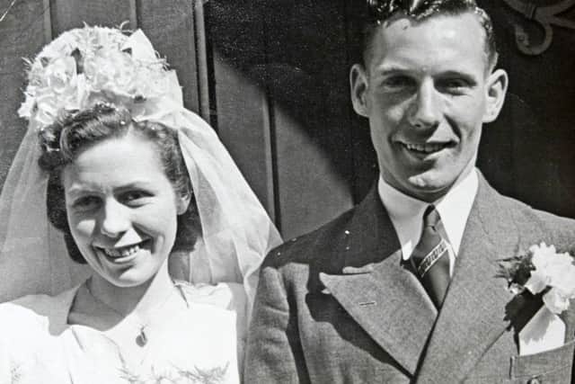 Pat and Ron Wood on their wedding day, April 23, 1949