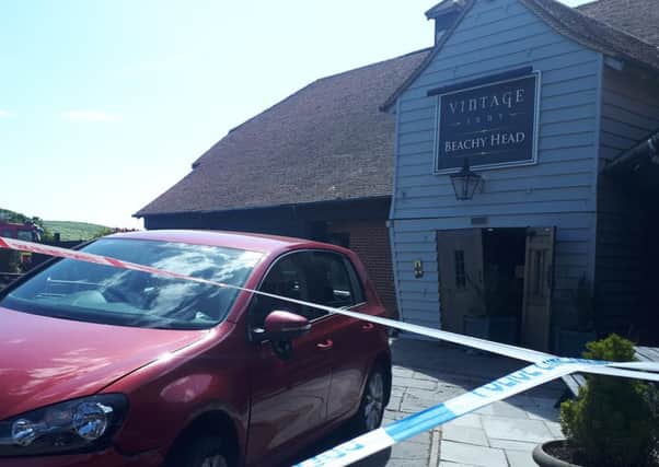 A car crashed into the pub this afternoon