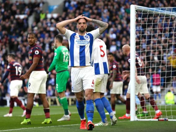 Shane Duffy has his hands on his head after a chance goes begging against Newcastle. Picture by Getty Images