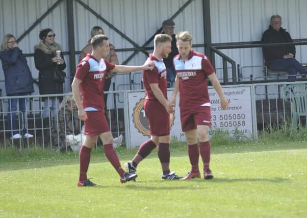 Little Common celebrate their winning goal against Crawley Down Gatwick