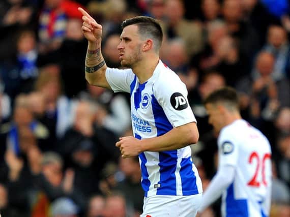 Pascal Gross celebrates his equaliser against Newcastle. Picture by Steve Robards