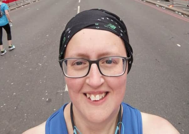 Sarah on Tower Bridge during the marathon