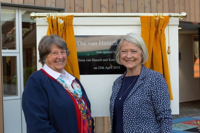 Tessa van Hasselt and Kate Adie at the opening ceremony of the new van Hasselt Centre academic building at Cranleigh School SUS-190430-092905001