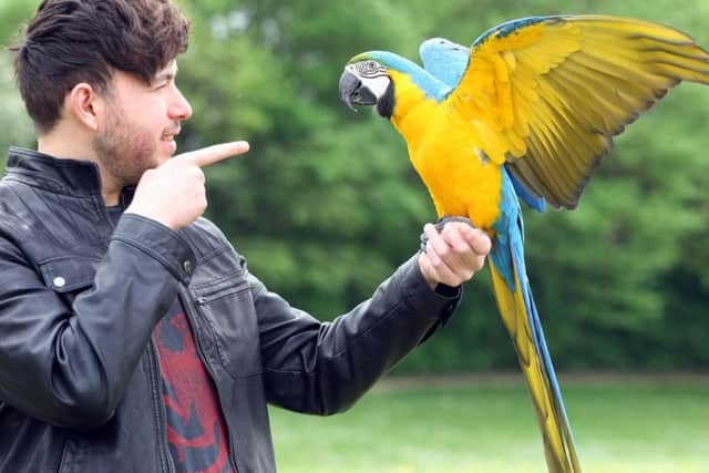Curtis Fullman with Rhaegar the macaw. Picture: Derek Martin