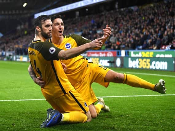 Shane Duffy and Lewis Dunk celebrate the former's goal at Huddersfield earlier this season. Picture by Getty Images