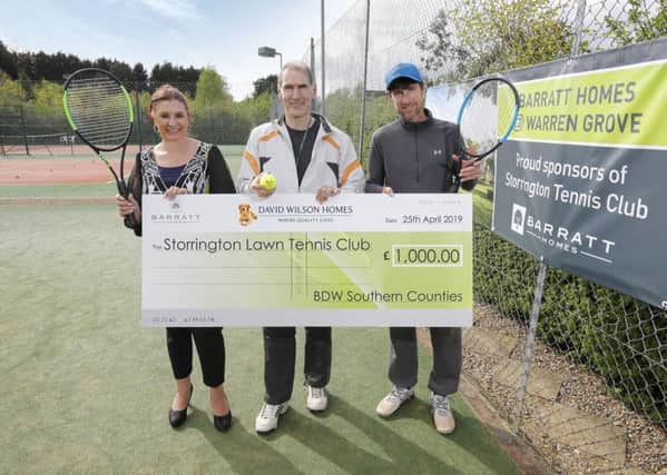Lynnette St-Quintin (sales director at Barratt Southern Counties), Ed Feldmanis (chairman at Storrington Tennis Club) and Nigel Matthews (head coach at Storrington Tennis Club) SUS-190105-113030001