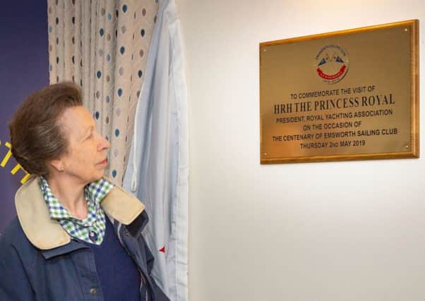 HRH The Princess Royal pictured unveiling a plaque during her visit to Emsworth Sailing Club today. The visit was arranged to help the club celebrate its centenary. Photograph by Christopher Ison
