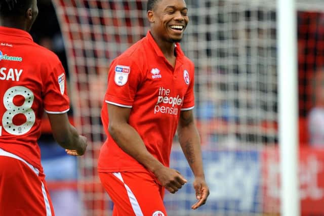 Crawley Town's Ashley Nathaniel-George celebrates his goal during their 3-1 win against Tranmere Rovers. Picture by Steve Robards.