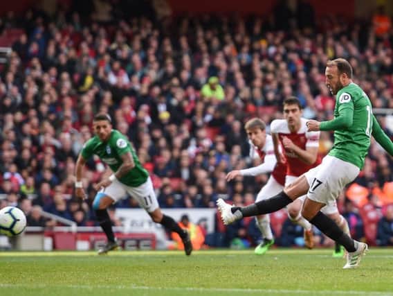 Glenn Murray scores against Arsenal. Picture by PW Sporting Photography