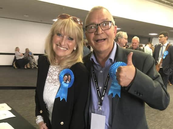 Conservative councillor Steve Bell, with his fellow Woodingdean ward colleague Cllr Dee Simson, celebrating their re-election to Brighton and Hove City Council last week (Credit: Sarah Booker Lewis, local democracy reporter)