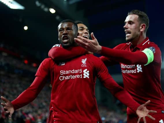 Georginio Wijnaldum celebrates one of his two goals in the Champions League semi-final second leg against Barcelona. Picture by Getty Images