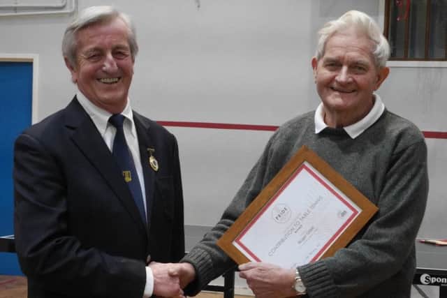 Roger Gillett was awarded the Table Tennis England South East Contribution to Table Tennis Award from Harvey Webb, TTE Honorary Life Member. Photo by Diane Webb
