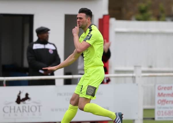 Jack Dixon celebrates scoring during Hastings United's 3-1 win away to Greenwich Borough on the last day of the regular season. Picture courtesy Scott White
