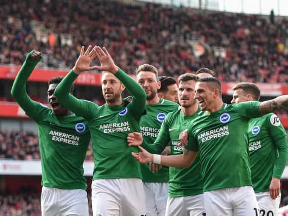 Brighton celebrate a goal at Arsenal. Picture by PW Sporting Photography