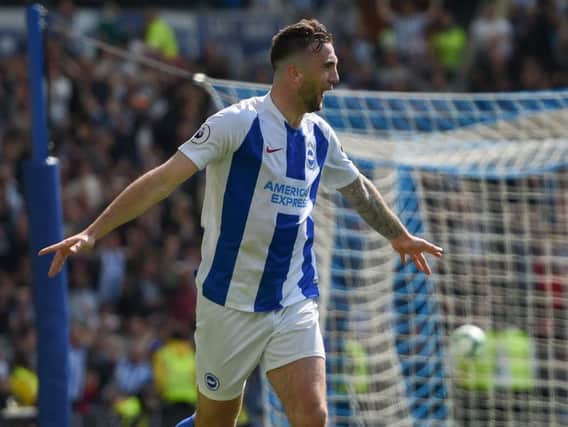 Shane Duffy celebrates Albion's goal against Manchester City on Sunday. Picture by PW Sporting Photography