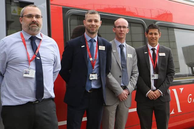 from left, Tim Aveline, On-Board Services Manager, Stephen Darbyshire, Operations Manager, David Stronell, Area Station Manager, Stephen MacCallaugh, Head of Gatwick Express